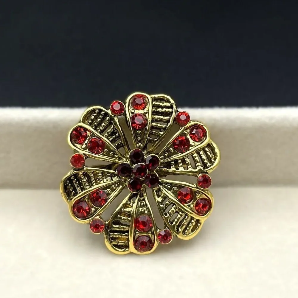 Yellow Gold with Ruby Red and Garnet Red Crystal Round Flower Pin Back Brooch
